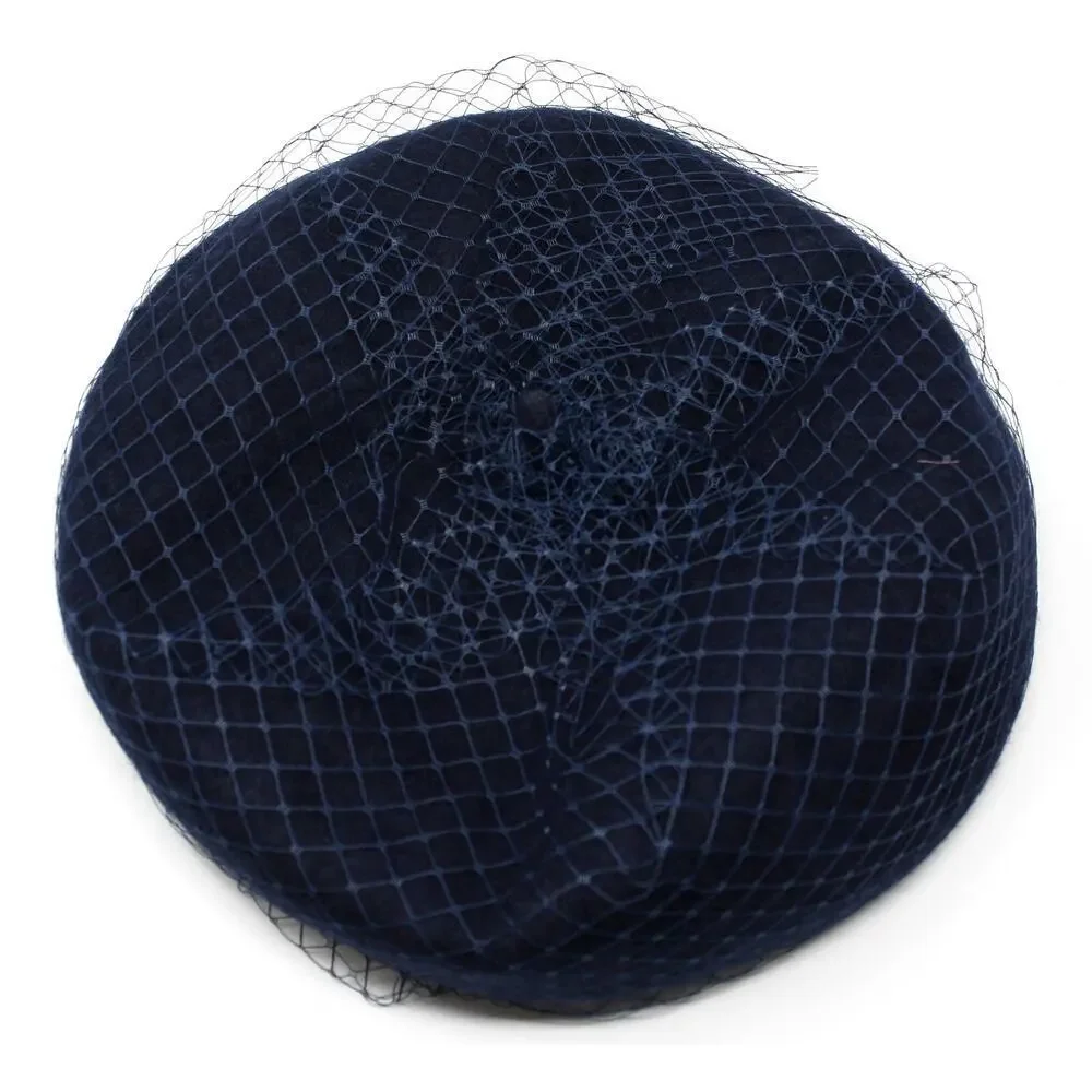 Navy Blue Wool Felt Beret w Veil Netting Church Party Retro Style Hat - Hey Viv